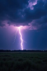 A massive lightning bolt strikes a darkened landscape, landscape, lightning, atmospheric