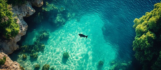A serene aerial view of a shark swimming over vibrant coral reefs in crystal-clear turquoise waters