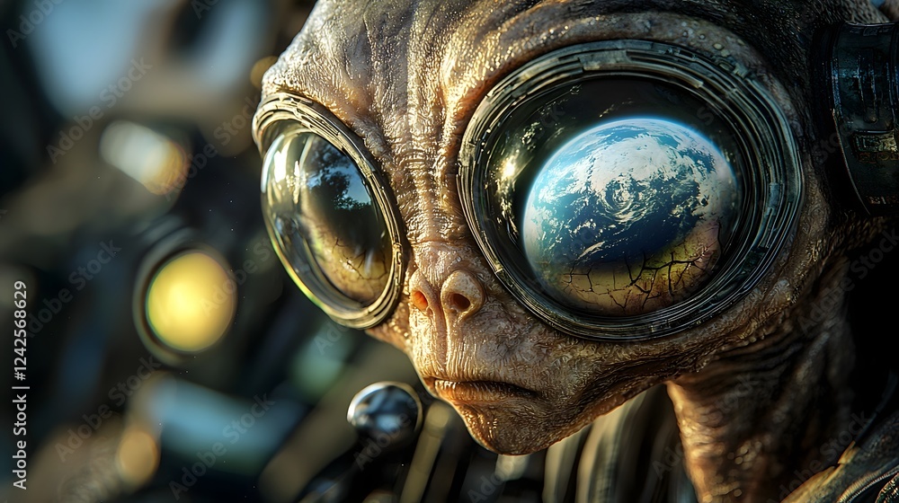 Poster Close up view of an alien creature s large reflective eyes showcasing the captivating reflection of Earth s sphere within its mesmerizing gaze creating a thought provoking sci fi inspired scenery