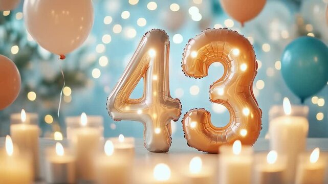 A Festive Celebration with Illuminated Number Balloons Representing 43 Surrounded by Warm Candlelight and Colorful Party Decorations