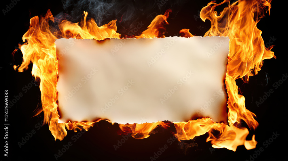 Poster close up of blank piece of paper surrounded by bright orange flames, creating dramatic and intense v