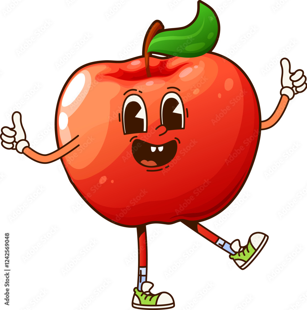 Poster groovy school red apple character. isolated cartoon vector cheerful ripe healthy fruit personage wit