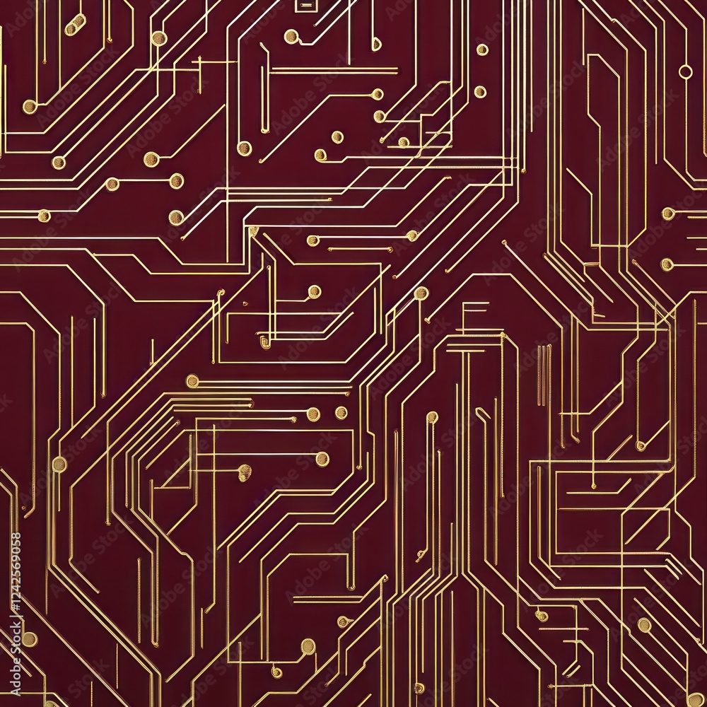 Poster golden circuit board design on red background for tech or abstract projects
