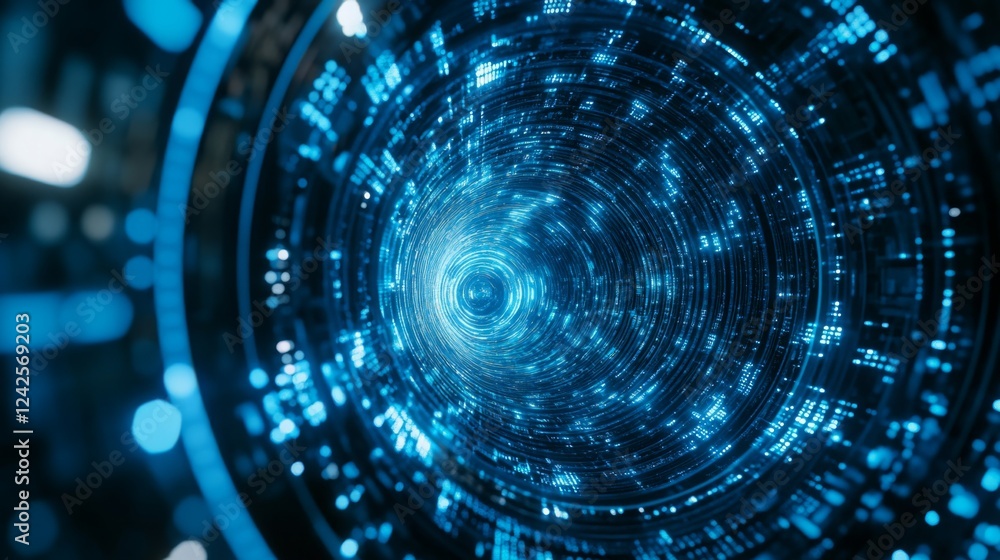 Leinwandbilder a vibrant, swirling tunnel of blue light and digital patterns, evoking a sense of depth and futurist