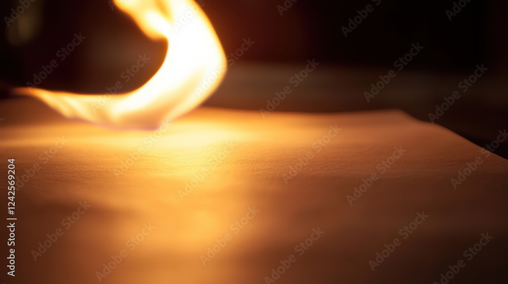 Aufkleber close up of flame casting warm light on blank sheet of paper, creating dramatic and intense atmosphe