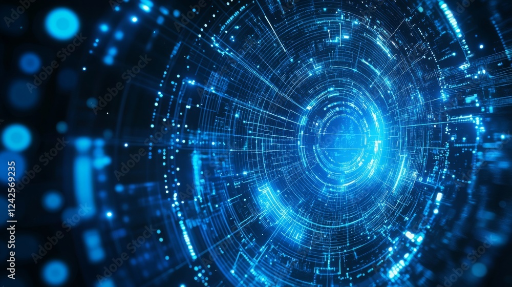 Poster a vibrant blue digital vortex with intricate patterns, symbolizing technology, data flow, and futuri