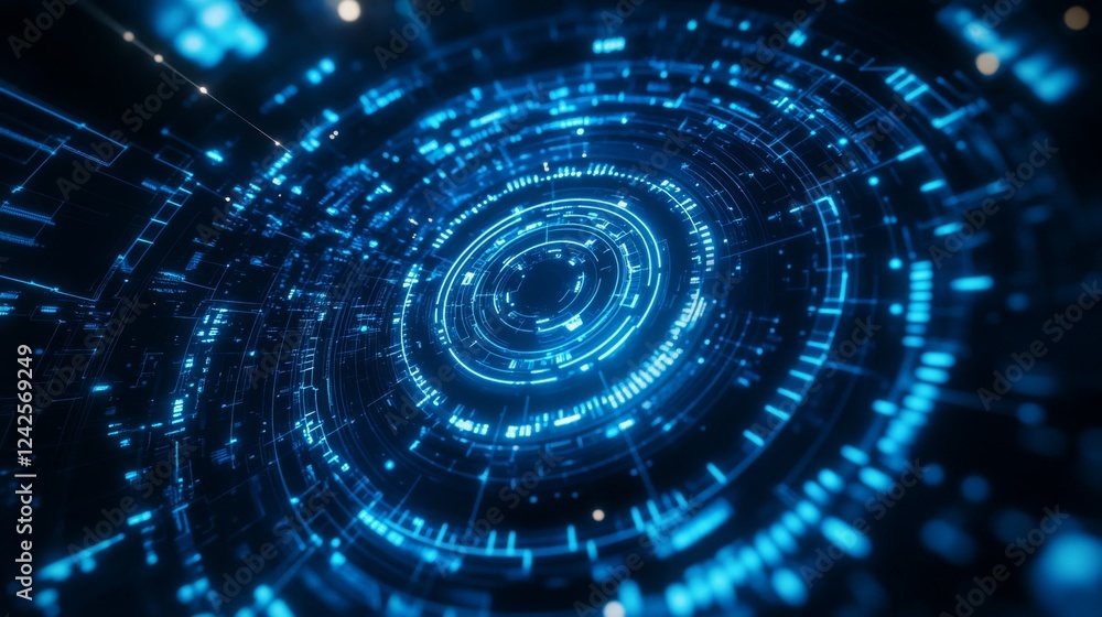 Aufkleber a mesmerizing blue digital vortex with circular patterns and glowing lines, representing technology 