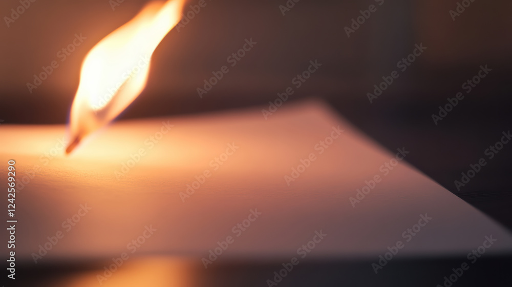Poster close up of flame casting light on blank paper, creating dramatic and intense atmosphere. flickering