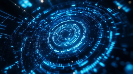 Obraz premium A mesmerizing blue digital vortex with circular patterns and glowing lines, representing technology and innovation in a futuristic design.