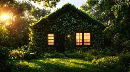 Fototapeta premium Ivy Covered House in a Forest at Sunset