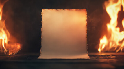 Fototapeta premium close up of blank paper illuminated by flames, creating dramatic contrast. warm glow from fire enhances texture of paper, evoking sense of creativity and inspiration