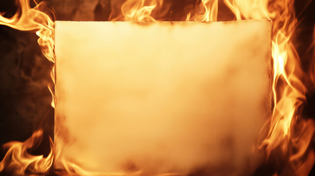 close up of blank paper illuminated by flames, creating dramatic and intense atmosphere. fire surrounds paper, casting warm light and shadows, evoking sense of urgency and transformation