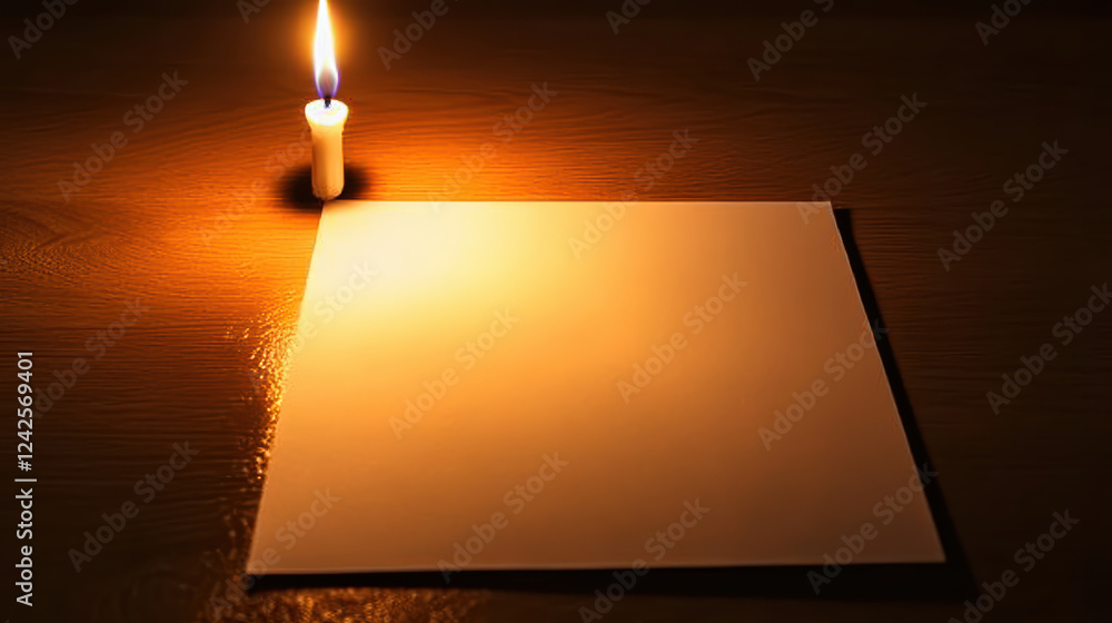 Poster candle casting warm light on blank sheet of paper creates serene atmosphere, inviting creativity and