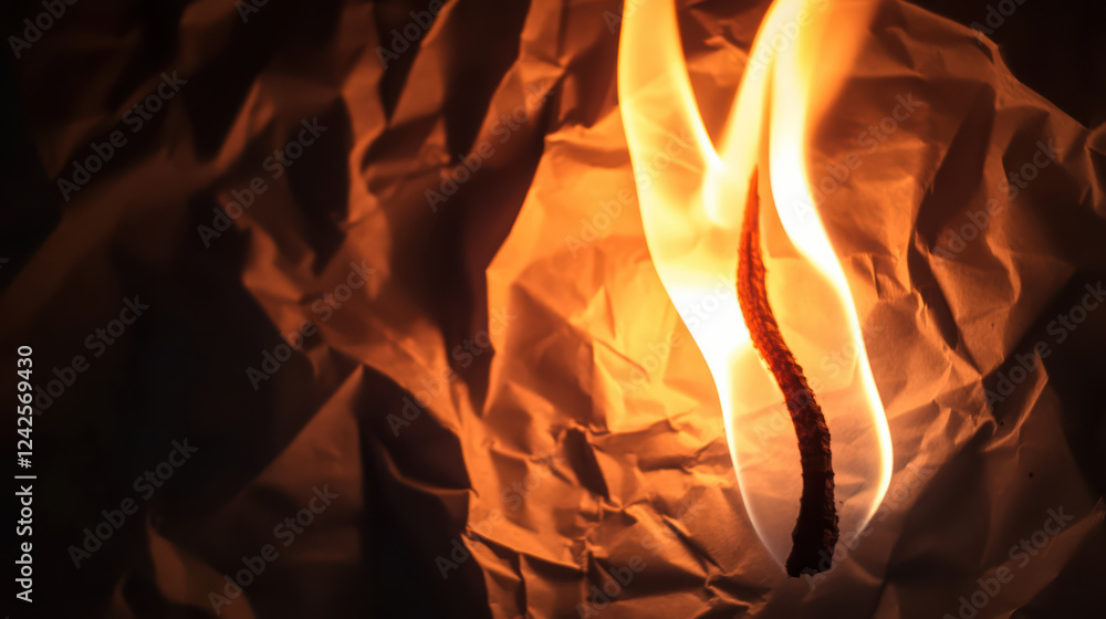 Aufkleber close up of flame casting shadows on crumpled paper, creating dramatic and warm atmosphere. interpla