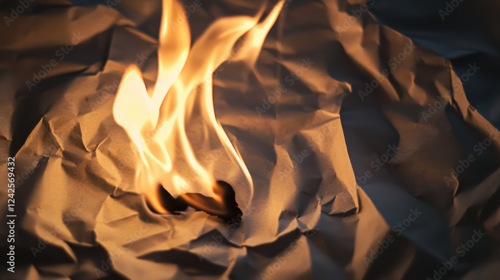 Poster close up of flame casting shadows on crumpled paper, creating dramatic and intense atmosphere. flick