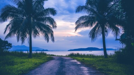 Fototapeta premium Serene Coastal Road Sunset with Palm Trees