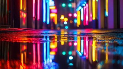 Multi-colored neon lights on a dark street reflection of neon light in puddles and water Abstract night background blurred bokeh light Night view