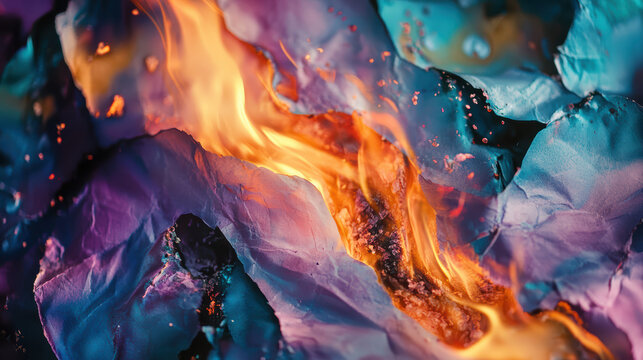 close up of vibrant flames consuming colorful paper, creating mesmerizing display of light and texture. interplay of colors evokes sense of intensity and transformation