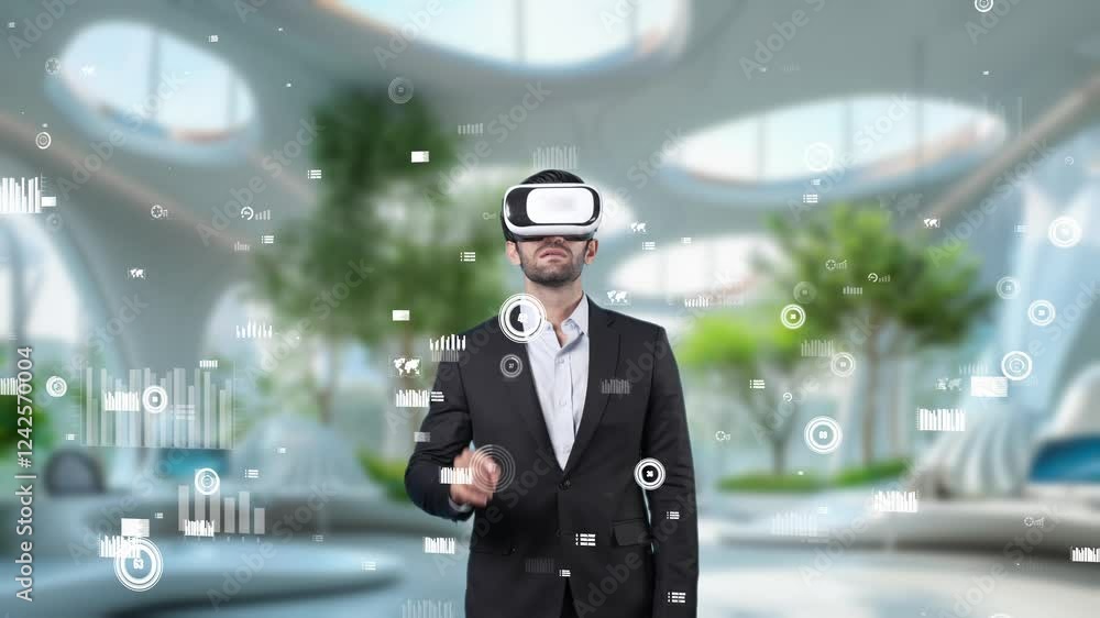 Poster project manager wearing vr headset while analyzing at financial statistic. business man wearing virt