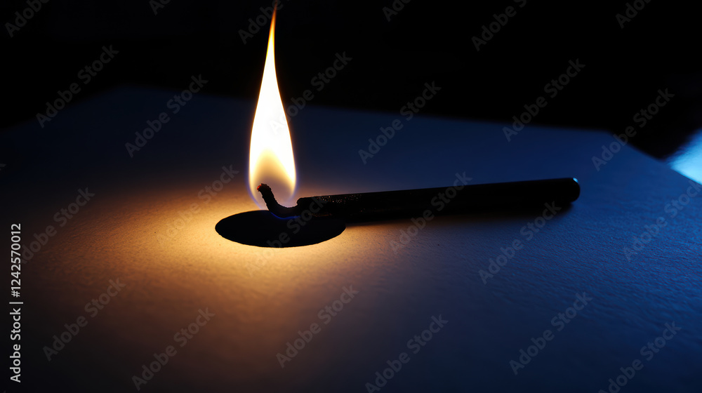 Poster close up of flame illuminating dark space, creating dramatic silhouette on surface. flickering light