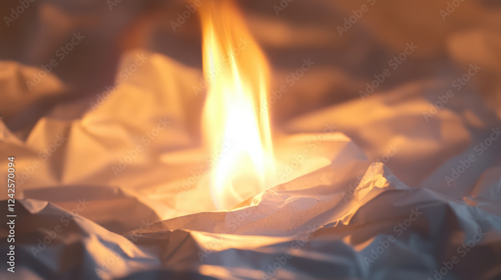 Poster close up of flame creating soft glow on crumpled paper, illuminating textures and shadows, evoking s