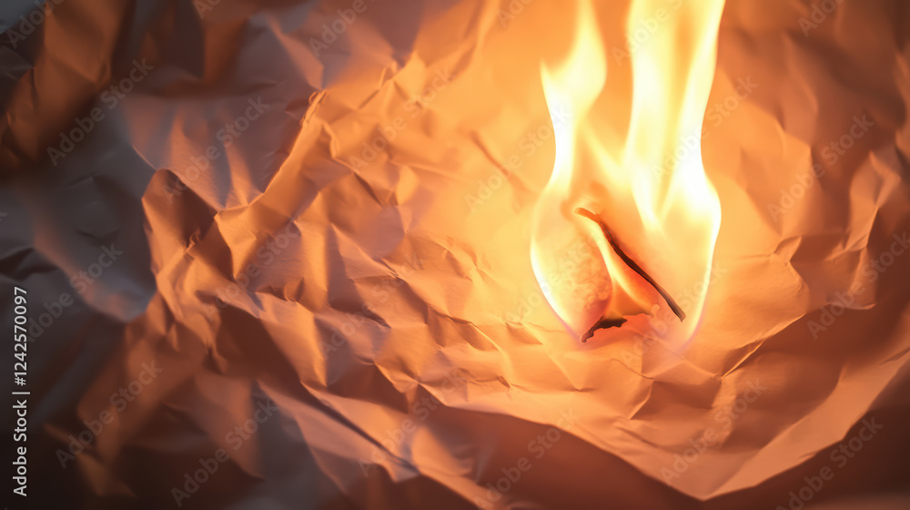 Aufkleber close up of flame illuminating crumpled paper, creating warm and soft glow. flickering light contras