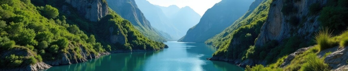 Obraz premium River winding its way through a mountain gorge, scenery, depth, mountains