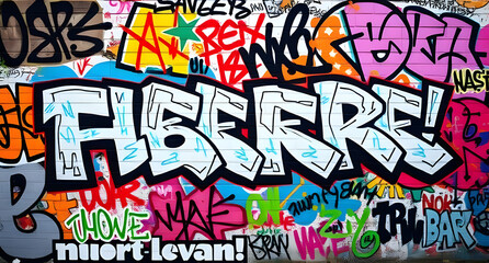 Graffiti-covered urban wall background. Colorful, chaotic street art patterns. Edgy and rebellious