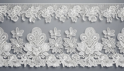 Lace wedding border, Intricate white lace trim design with floral motifs on gray background
