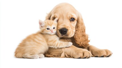 Obraz premium English cocker spaniel puppy hugs kitten isolated on white background