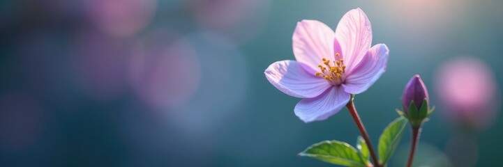 Fototapeta premium Soft periwinkle petals unfurl on a delicate flower stem, spring, blossoms