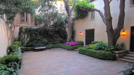 Obraz premium Serene Courtyard Garden with Stone Patio and Lush Greenery