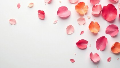 Softly fallen paper petals scattered on white background, serene, peaceful