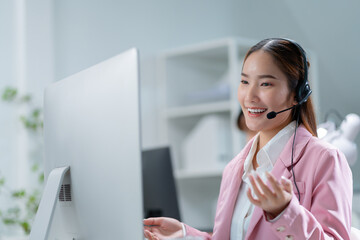 smile asian woman call center smile for success telemarketing,Contact us,CRM,customer service.Team...