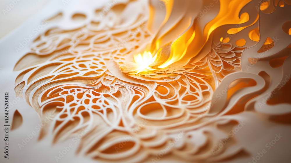 Poster intricate paper art featuring flame creating detailed patterns, showcasing creativity and craftsmans