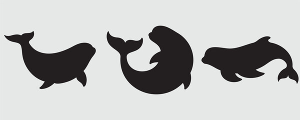 Fototapeta premium Three beluga whale silhouettes in dynamic swimming poses, emphasizing their smooth, rounded bodies and distinctive tails. Ideal for marine, Arctic, and wildlife-themed designs