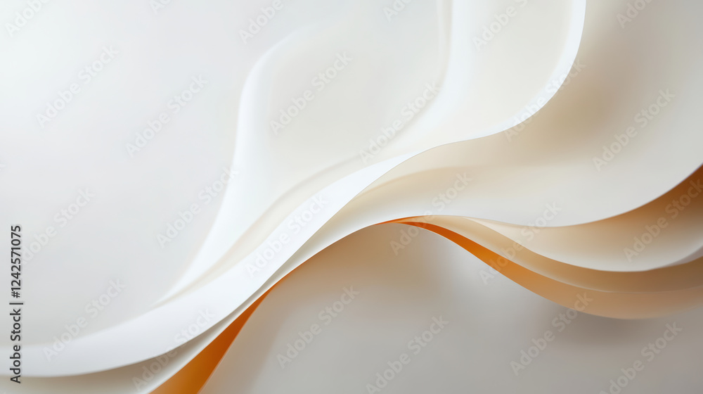 Poster close up of flowing paper waves in soft white and orange tones, creating dynamic and elegant visual 