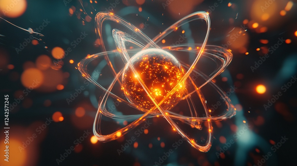 Poster Atomic nucleus particle physics model glowing with energy on dark background