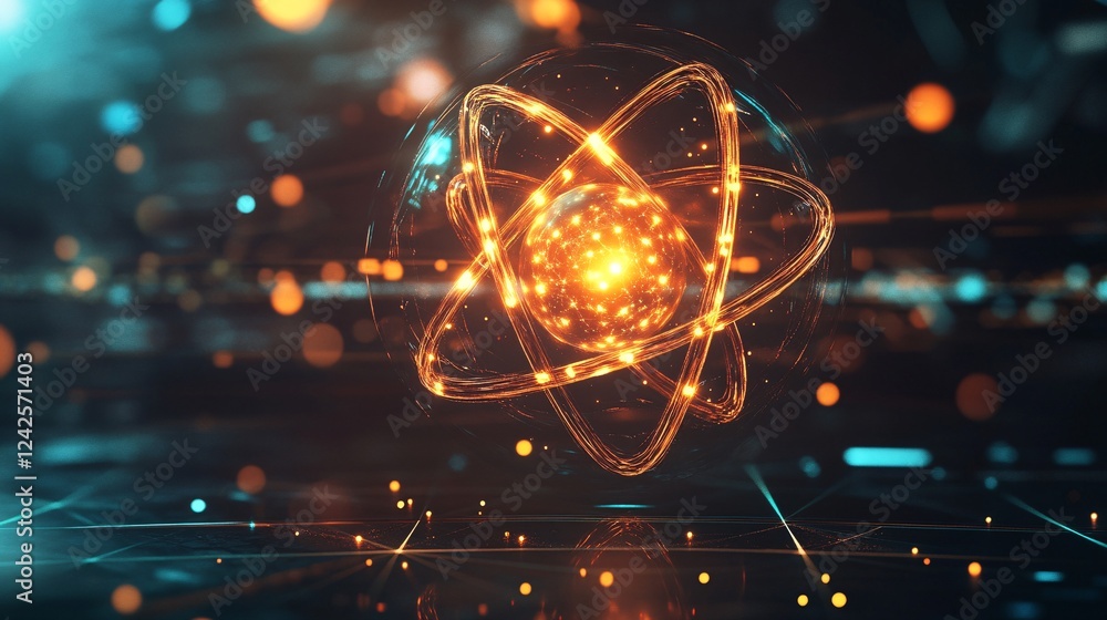 Aufkleber atomic energy structure glowing on dark background with bokeh lights representing the concept of nuc