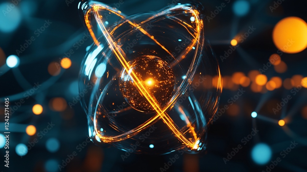 Poster Abstract atom structure glowing with light particles flowing around it on dark background visualizing digital technology and science innovation