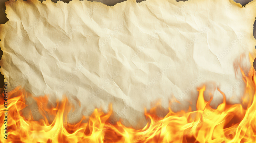Aufkleber crumpled paper background with flames at bottom, creating dramatic effect. texture and colors evoke 