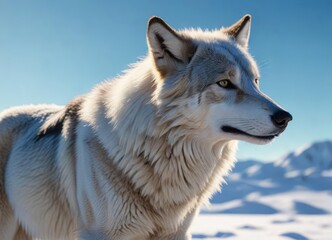 Obraz premium Stunning visual of wolf’s snow-covered coat against pristine blue sky, prairie wolf, wildlife refuge, white wilderness, frostbite, chilling cold