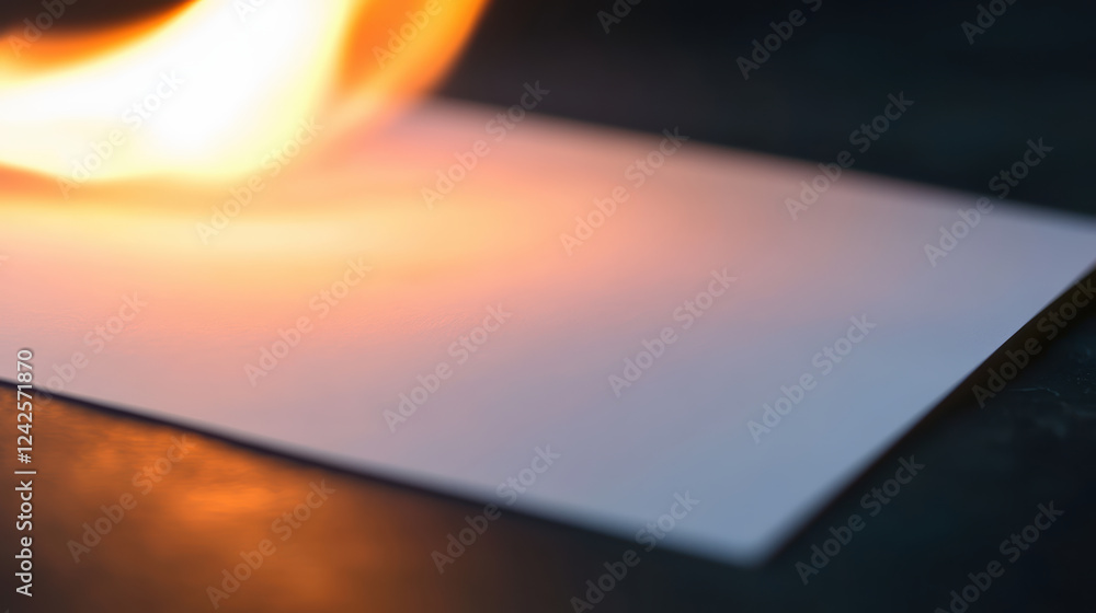 Poster close up of flame illuminating blank sheet of paper, creating dramatic contrast between light and sh