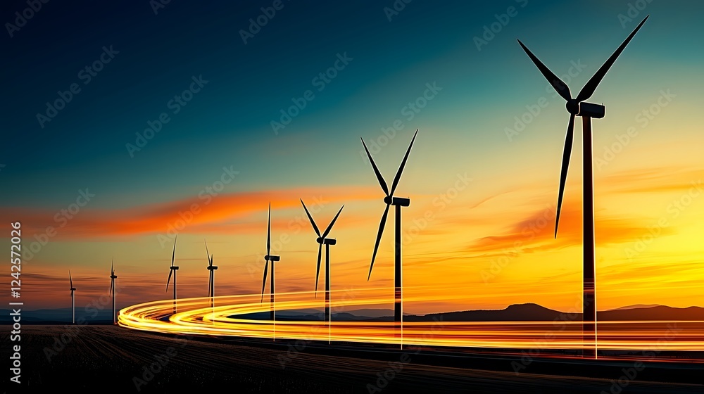 Poster Dramatic image of a glowing disc shaped object speeding past a row of wind turbines against a vibrant sunset sky