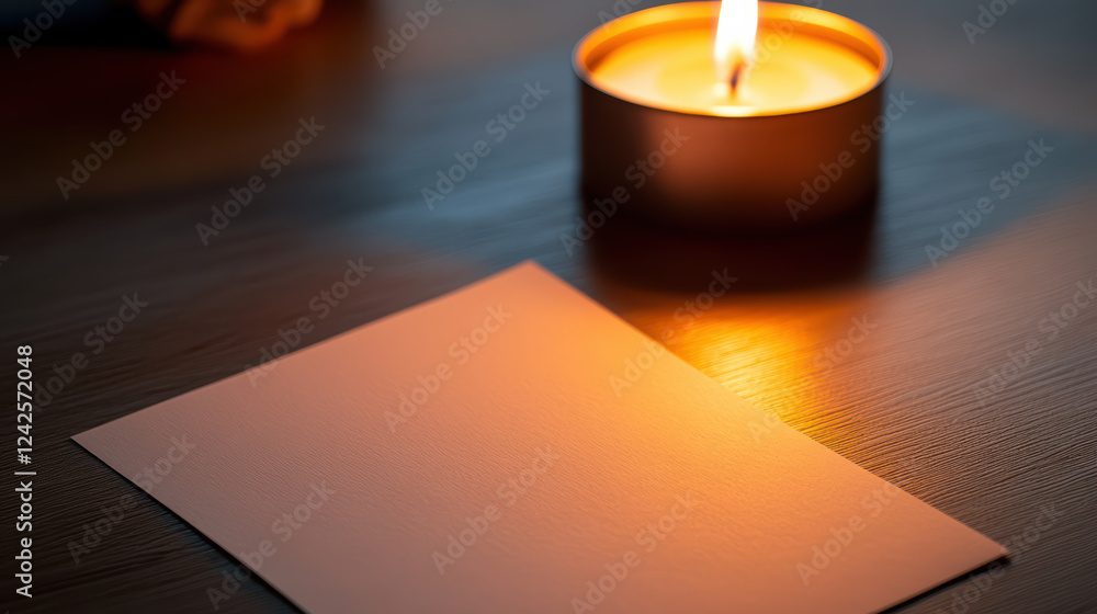 Aufkleber close up of flame illuminating blank sheet of paper beside candle, creating warm and inviting atmosp