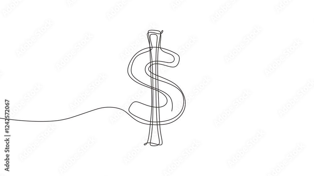 Poster continuous one line drawing animation of dollar symbol with scribble hand drawn. editable stroke des