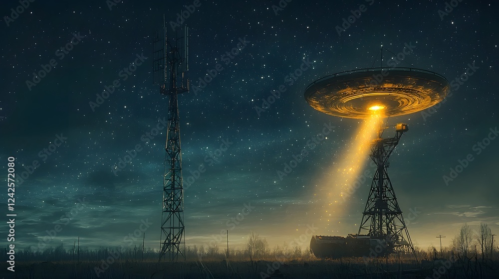 Poster Dramatic scene of a bright glowing beam of light emanating from a hovering unidentified flying object UFO and lifting a person into the air in a surreal