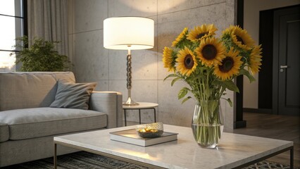 Sunflowers in a vase on a modern coffee table with a side lamp, lamp, table