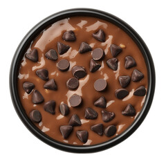 Fototapeta premium chocolate chip pudding in a dark bowl top view isolated on transparent white background, clipping path