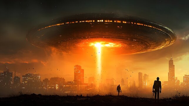Dramatic of a devastating energy beam fired from an alien mothership destroying a major futuristic city skyline in a dramatic orange tinged dusk sky  Apocalyptic sci fi concept with a powerful